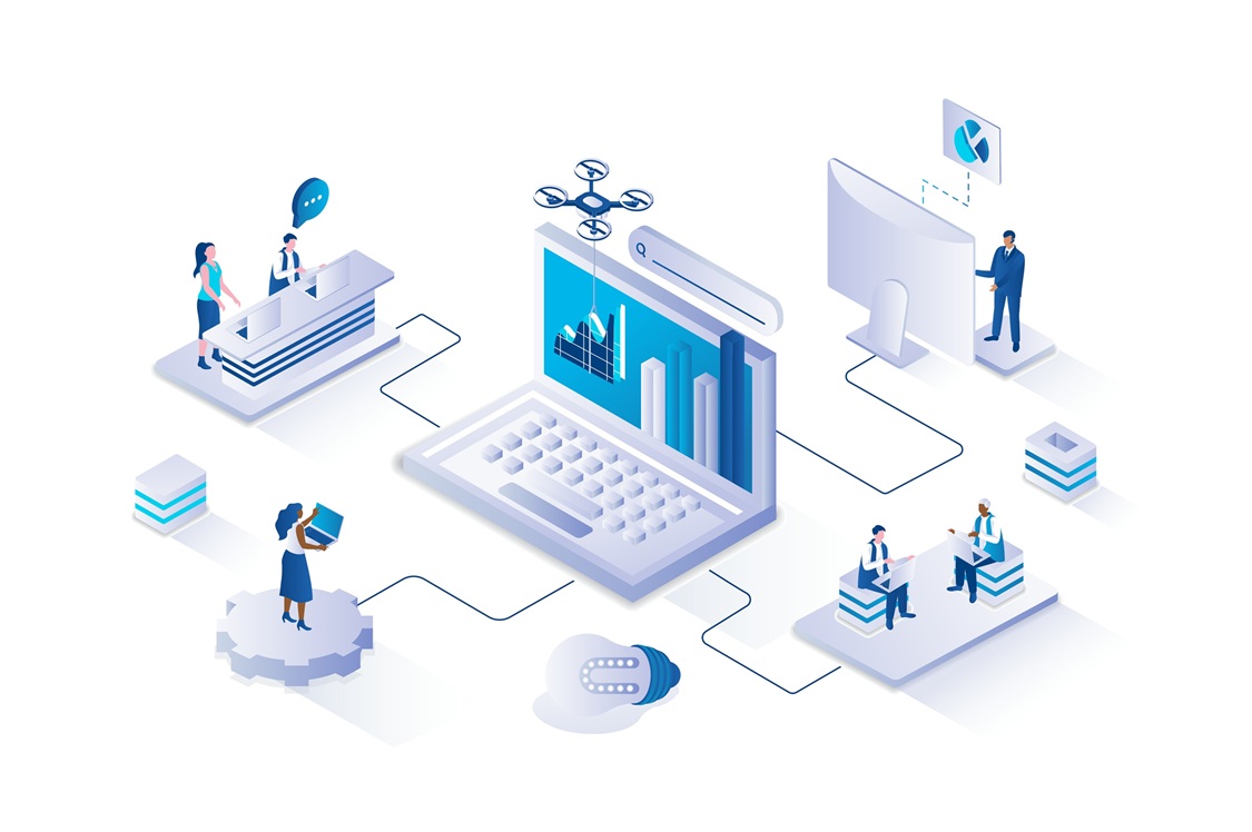 People working on giant digital devices connected to each other.